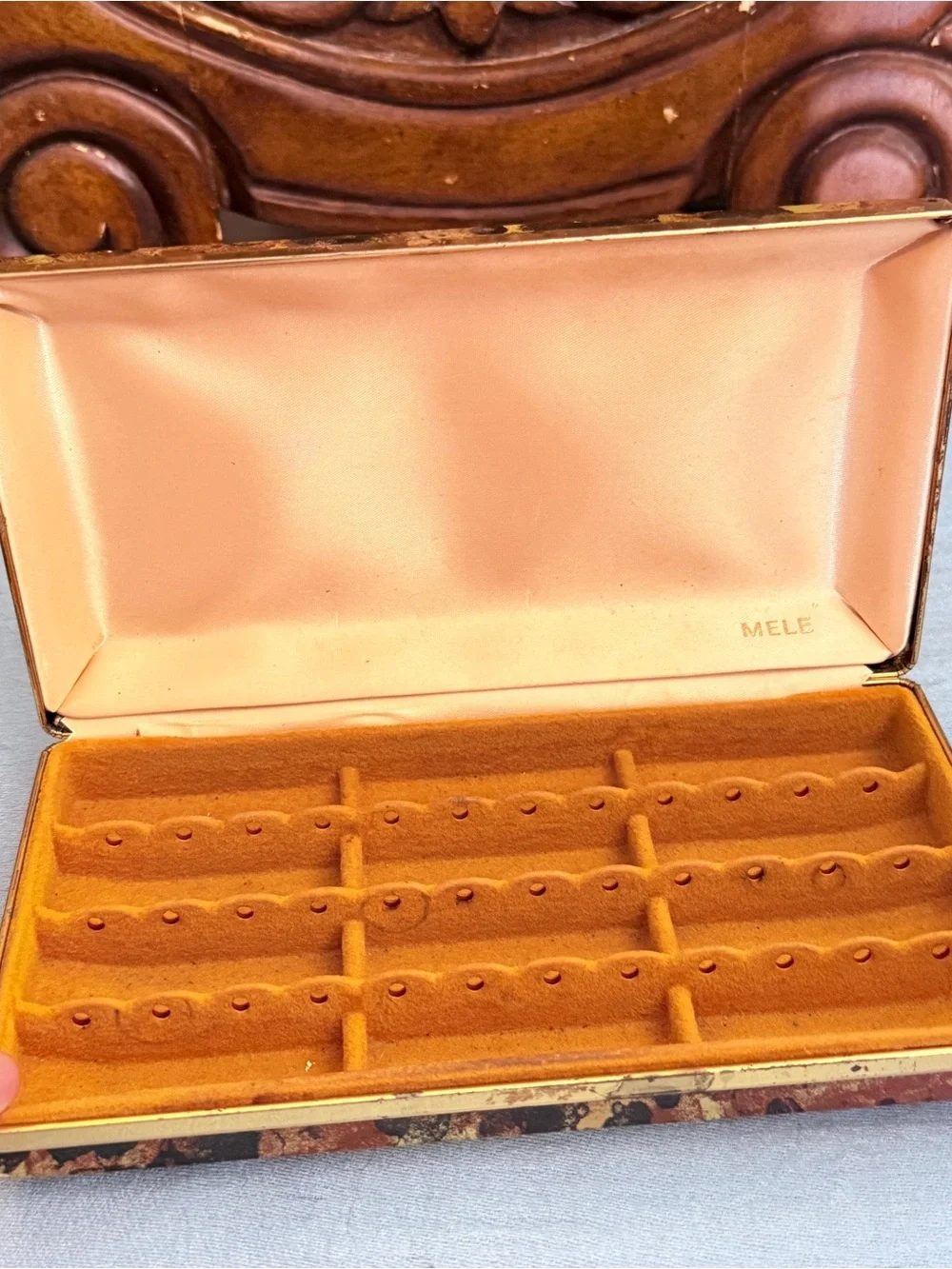 Vtg 70s MCM Mele Tortoise Look Clamshell Jewelry Travel Case